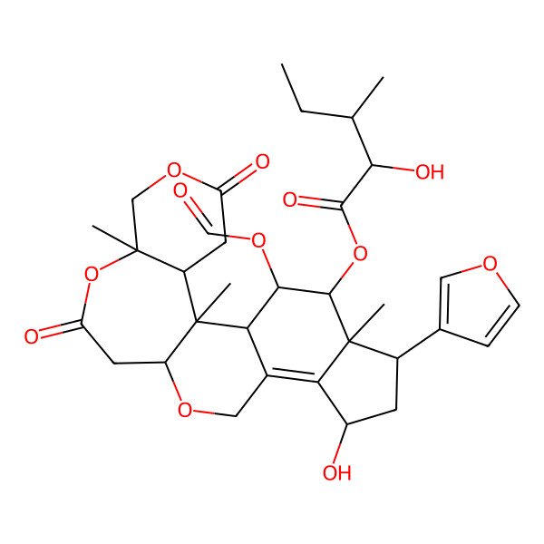2D Structure of [(1R,2S,3R,4R,5S,6S,8R,13S,17S,22R)-3-formyloxy-6-(furan-3-yl)-8-hydroxy-1,5,17-trimethyl-15,20-dioxo-12,16,19-trioxapentacyclo[11.9.0.02,10.05,9.017,22]docos-9-en-4-yl] (2R,3S)-2-hydroxy-3-methylpentanoate