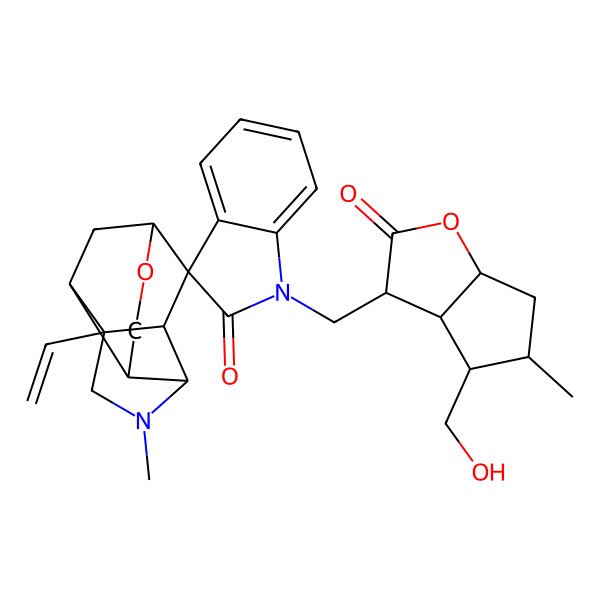 2D Structure of (1R,2R,5R,6R,7S,11R)-1'-[[(3R,3aS,4R,5S,6aS)-4-(hydroxymethyl)-5-methyl-2-oxo-3,3a,4,5,6,6a-hexahydrocyclopenta[b]furan-3-yl]methyl]-2-ethenyl-4-methylspiro[9-oxa-4-azatetracyclo[6.3.1.02,6.05,11]dodecane-7,3'-indole]-2'-one