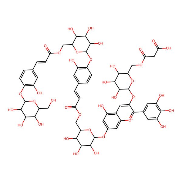 2D Structure of 3-oxo-3-[[(2R,3S,4S,5R,6S)-3,4,5-trihydroxy-6-[5-hydroxy-7-[(2S,3R,4S,5S,6R)-3,4,5-trihydroxy-6-[[(E)-3-[3-hydroxy-4-[(2S,3R,4S,5S,6R)-3,4,5-trihydroxy-6-[[(E)-3-[3-hydroxy-4-[(2S,3R,4S,5S,6R)-3,4,5-trihydroxy-6-(hydroxymethyl)oxan-2-yl]oxyphenyl]prop-2-enoyl]oxymethyl]oxan-2-yl]oxyphenyl]prop-2-enoyl]oxymethyl]oxan-2-yl]oxy-2-(3,4,5-trihydroxyphenyl)chromenylium-3-yl]oxyoxan-2-yl]methoxy]propanoic acid