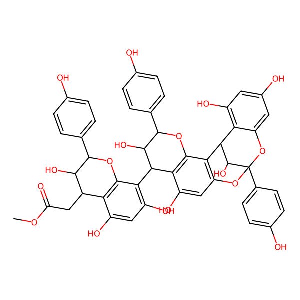 2D Structure of methyl 2-[(2R,3R,4S)-3,5,7-trihydroxy-2-(4-hydroxyphenyl)-8-[(1R,5R,6R,7S,13S,21R)-6,9,17,19,21-pentahydroxy-5,13-bis(4-hydroxyphenyl)-4,12,14-trioxapentacyclo[11.7.1.02,11.03,8.015,20]henicosa-2(11),3(8),9,15,17,19-hexaen-7-yl]-3,4-dihydro-2H-chromen-4-yl]acetate