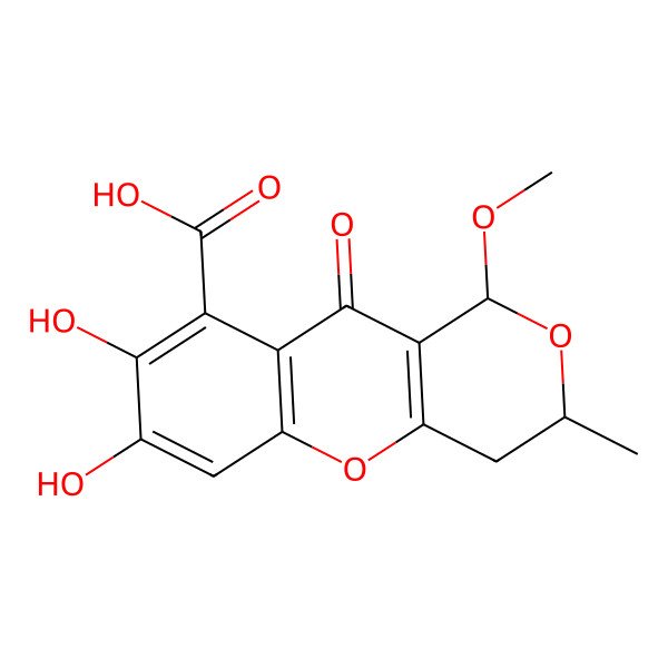 2D Structure of (1S,3S)-7,8-dihydroxy-1-methoxy-3-methyl-10-oxo-3,4-dihydro-1H-pyrano[4,3-b]chromene-9-carboxylic acid