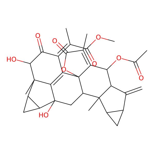 2D Structure of Methyl 2-(7-acetyloxy-16,21-dihydroxy-5,13,20-trimethyl-9-methylidene-4,22-dioxo-3-oxaoctacyclo[14.7.1.02,6.02,14.08,13.010,12.017,19.020,24]tetracosa-1(24),5-dien-23-ylidene)propanoate