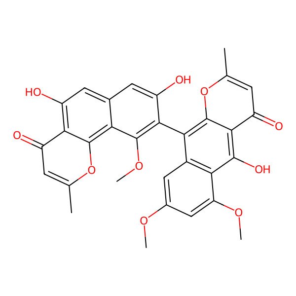 2D Structure of 5,8-dihydroxy-9-(5-hydroxy-6,8-dimethoxy-2-methyl-4-oxobenzo[g]chromen-10-yl)-10-methoxy-2-methylbenzo[h]chromen-4-one