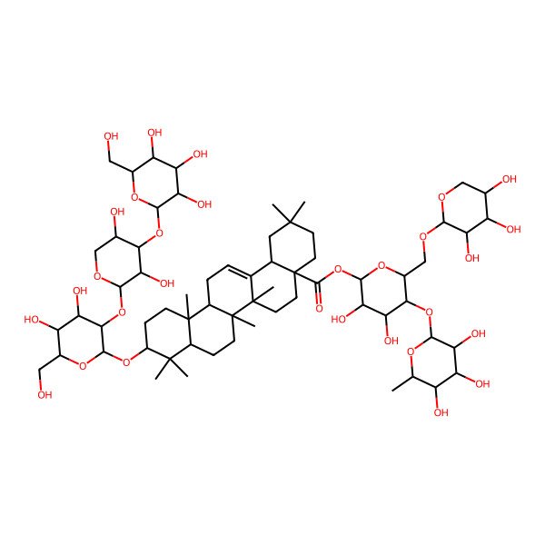 2D Structure of [3,4-Dihydroxy-5-(3,4,5-trihydroxy-6-methyloxan-2-yl)oxy-6-[(3,4,5-trihydroxyoxan-2-yl)oxymethyl]oxan-2-yl] 10-[3-[3,5-dihydroxy-4-[3,4,5-trihydroxy-6-(hydroxymethyl)oxan-2-yl]oxyoxan-2-yl]oxy-4,5-dihydroxy-6-(hydroxymethyl)oxan-2-yl]oxy-2,2,6a,6b,9,9,12a-heptamethyl-1,3,4,5,6,6a,7,8,8a,10,11,12,13,14b-tetradecahydropicene-4a-carboxylate