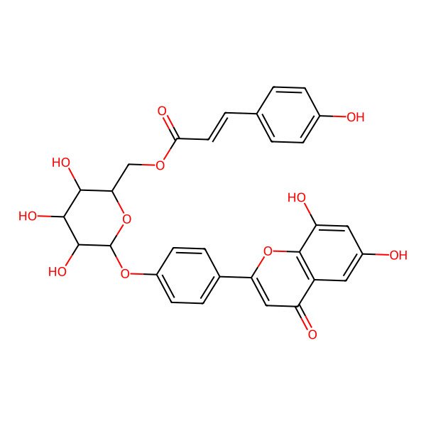 2D Structure of [6-[4-(6,8-Dihydroxy-4-oxochromen-2-yl)phenoxy]-3,4,5-trihydroxyoxan-2-yl]methyl 3-(4-hydroxyphenyl)prop-2-enoate