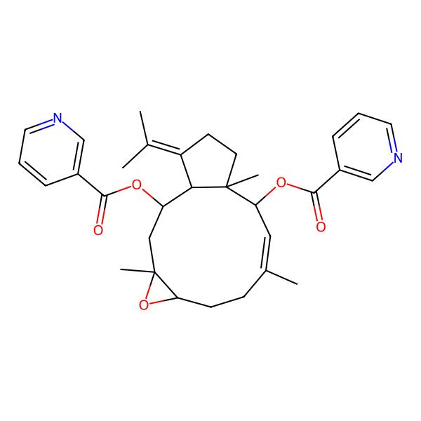 2D Structure of [(1S,2R,4S,6R,9E,11S,12S)-4,9,12-trimethyl-15-propan-2-ylidene-11-(pyridine-3-carbonyloxy)-5-oxatricyclo[10.3.0.04,6]pentadec-9-en-2-yl] pyridine-3-carboxylate