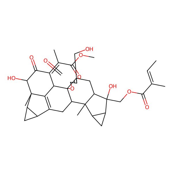 2D Structure of [9,21-Dihydroxy-5-(hydroxymethyl)-23-(1-methoxy-1-oxopropan-2-ylidene)-13,20-dimethyl-4,22-dioxo-3-oxaoctacyclo[14.7.1.02,6.02,14.08,13.010,12.017,19.020,24]tetracosa-5,16(24)-dien-9-yl]methyl 2-methylbut-2-enoate