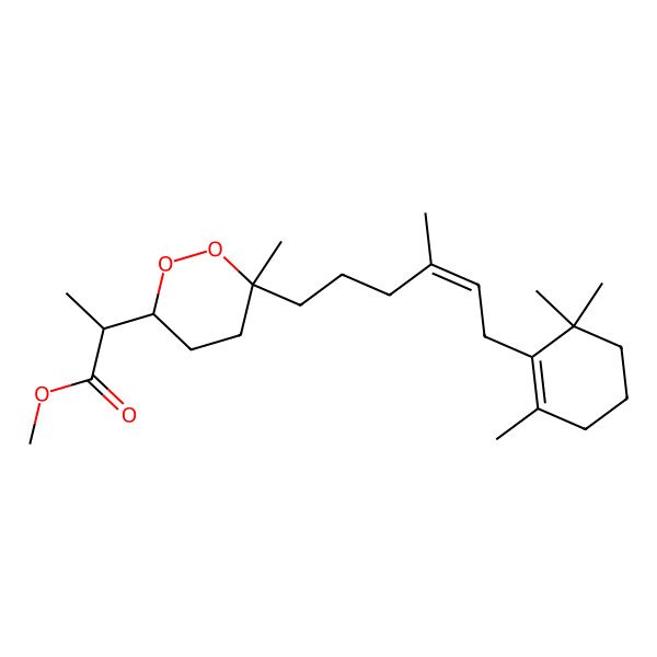 2D Structure of methyl (2S)-2-[(3R,6S)-6-methyl-6-[(E)-4-methyl-6-(2,6,6-trimethylcyclohexen-1-yl)hex-4-enyl]dioxan-3-yl]propanoate