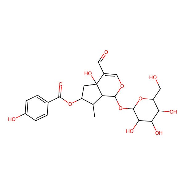 2D Structure of [4-formyl-4a-hydroxy-7-methyl-1-[3,4,5-trihydroxy-6-(hydroxymethyl)oxan-2-yl]oxy-5,6,7,7a-tetrahydro-1H-cyclopenta[c]pyran-6-yl] 4-hydroxybenzoate