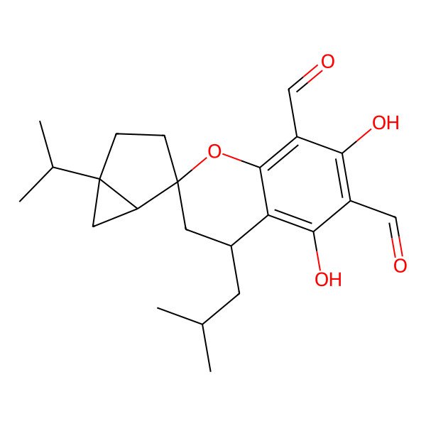 2D Structure of (1'S,2S,4R,5'R)-5,7-dihydroxy-4-(2-methylpropyl)-1'-propan-2-ylspiro[3,4-dihydrochromene-2,4'-bicyclo[3.1.0]hexane]-6,8-dicarbaldehyde
