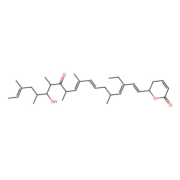 2D Structure of 2-[(1E,3E,7E,9E,17E)-3-ethyl-14-hydroxy-5,9,11,13,15,17-hexamethyl-12-oxononadeca-1,3,7,9,17-pentaenyl]-2,3-dihydropyran-6-one