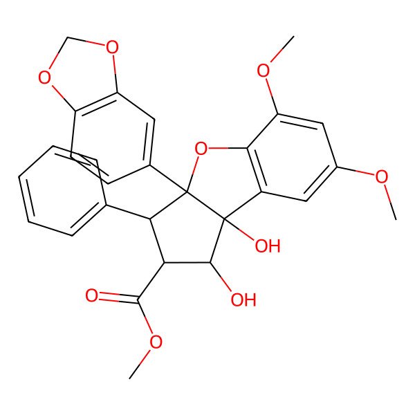 2D Structure of methyl (1R,2R,3S,3aR,8bS)-3a-(1,3-benzodioxol-5-yl)-1,8b-dihydroxy-5,7-dimethoxy-3-phenyl-2,3-dihydro-1H-cyclopenta[b][1]benzofuran-2-carboxylate