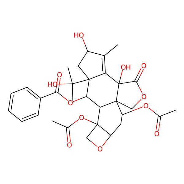 2D Structure of [13,18-Diacetyloxy-5,8-dihydroxy-10-(2-hydroxypropan-2-yl)-7-methyl-4-oxo-3,15-dioxapentacyclo[10.6.0.01,5.06,10.013,16]octadec-6-en-11-yl] benzoate
