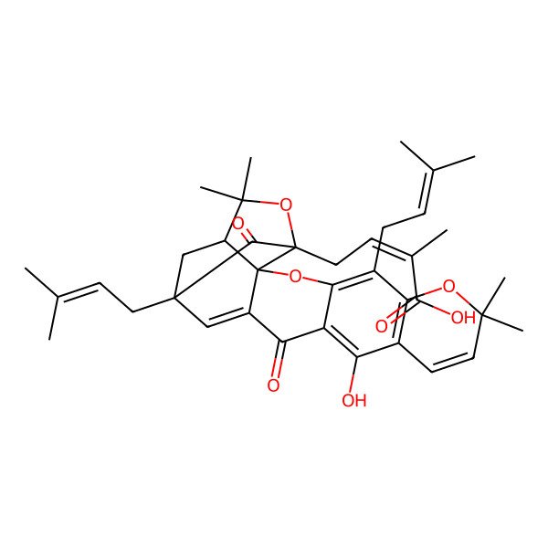 2D Structure of (Z)-4-[(1R,2R,17R,19S)-12-hydroxy-8,8,21,21-tetramethyl-5,17-bis(3-methylbut-2-enyl)-14,18-dioxo-3,7,20-trioxahexacyclo[15.4.1.02,15.02,19.04,13.06,11]docosa-4(13),5,9,11,15-pentaen-19-yl]-2-methylbut-2-enoic acid