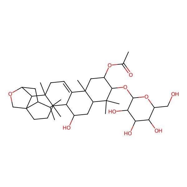 2D Structure of [(1R,4S,5S,6S,8S,10R,11R,13S,17R,18R,19S,22S)-6-hydroxy-4,9,9,13,17-pentamethyl-22-propan-2-yl-10-[(2R,3R,4S,5S,6R)-3,4,5-trihydroxy-6-(hydroxymethyl)oxan-2-yl]oxy-20-oxahexacyclo[17.2.2.01,18.04,17.05,14.08,13]tricos-14-en-11-yl] acetate