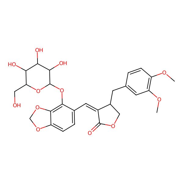 2D Structure of (3E,4R)-4-[(3,4-dimethoxyphenyl)methyl]-3-[[4-[(2S,3R,4S,5S,6R)-3,4,5-trihydroxy-6-(hydroxymethyl)oxan-2-yl]oxy-1,3-benzodioxol-5-yl]methylidene]oxolan-2-one