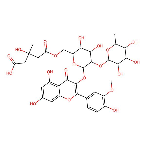 2D Structure of (3S)-5-[[(2R,3S,4S,5R,6S)-6-[5,7-dihydroxy-2-(4-hydroxy-3-methoxyphenyl)-4-oxochromen-3-yl]oxy-3,4-dihydroxy-5-[(2S,3R,4S,5R,6S)-3,4,5-trihydroxy-6-methyloxan-2-yl]oxyoxan-2-yl]methoxy]-3-hydroxy-3-methyl-5-oxopentanoic acid