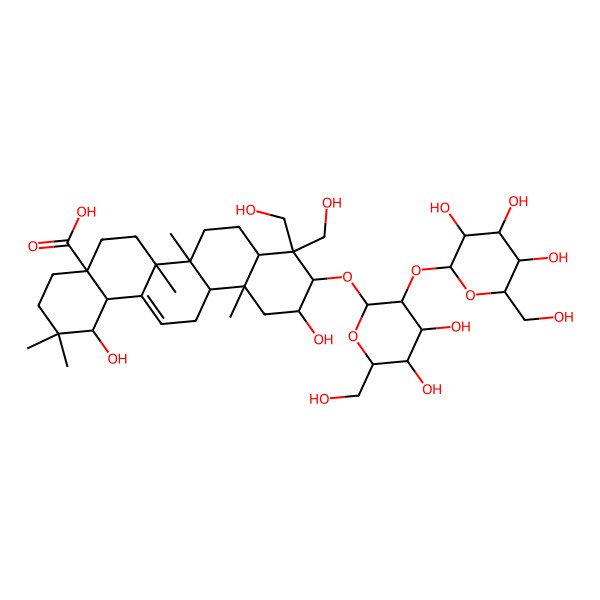 2D Structure of (1S,4aR,6aR,6aS,6bR,8aR,10R,11R,12aR,14bS)-10-[(2S,3R,4S,5S,6R)-4,5-dihydroxy-6-(hydroxymethyl)-3-[(2S,3R,4S,5S,6R)-3,4,5-trihydroxy-6-(hydroxymethyl)oxan-2-yl]oxyoxan-2-yl]oxy-1,11-dihydroxy-9,9-bis(hydroxymethyl)-2,2,6a,6b,12a-pentamethyl-1,3,4,5,6,6a,7,8,8a,10,11,12,13,14b-tetradecahydropicene-4a-carboxylic acid