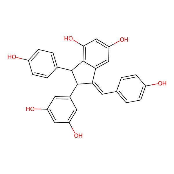 2D Structure of (1E,2S,3S)-2-(3,5-dihydroxyphenyl)-3-(4-hydroxyphenyl)-1-[(4-hydroxyphenyl)methylidene]-2,3-dihydroindene-4,6-diol