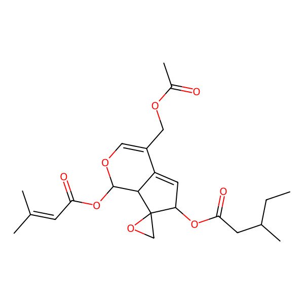 2D Structure of [(1S,6S,7R,7aS)-4-(acetyloxymethyl)-1-(3-methylbut-2-enoyloxy)spiro[6,7a-dihydro-1H-cyclopenta[c]pyran-7,2'-oxirane]-6-yl] (3S)-3-methylpentanoate