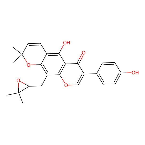2D Structure of 10-[(3,3-Dimethyloxiran-2-yl)methyl]-5-hydroxy-7-(4-hydroxyphenyl)-2,2-dimethylpyrano[3,2-g]chromen-6-one