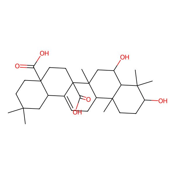 2D Structure of (4aS,6aR,6aR,6bR,8S,8aR,10S,12aR,14bS)-8,10-dihydroxy-2,2,6b,9,9,12a-hexamethyl-1,3,4,5,6,6a,7,8,8a,10,11,12,13,14b-tetradecahydropicene-4a,6a-dicarboxylic acid