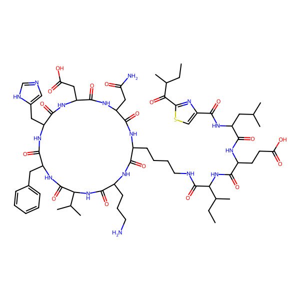 2D Structure of (4R)-5-[[(2S,3S)-1-[4-[(2S,5R,8S,11R,14S,17R,20S)-20-(2-amino-2-oxoethyl)-5-(3-aminopropyl)-11-benzyl-17-(carboxymethyl)-14-(1H-imidazol-5-ylmethyl)-3,6,9,12,15,18,21-heptaoxo-8-propan-2-yl-1,4,7,10,13,16,19-heptazacyclohenicos-2-yl]butylamino]-3-methyl-1-oxopentan-2-yl]amino]-4-[[(2S)-4-methyl-2-[[2-[(2S)-2-methylbutanoyl]-1,3-thiazole-4-carbonyl]amino]pentanoyl]amino]-5-oxopentanoic acid