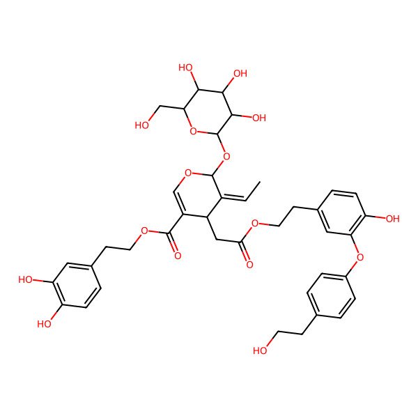 2D Structure of 2-(3,4-dihydroxyphenyl)ethyl 5-ethylidene-4-[2-[2-[4-hydroxy-3-[4-(2-hydroxyethyl)phenoxy]phenyl]ethoxy]-2-oxoethyl]-6-[3,4,5-trihydroxy-6-(hydroxymethyl)oxan-2-yl]oxy-4H-pyran-3-carboxylate