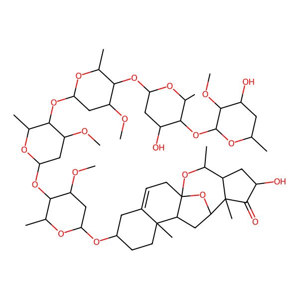 2D Structure of 15-Hydroxy-6-[5-[5-[5-[4-hydroxy-5-(4-hydroxy-3-methoxy-6-methyloxan-2-yl)oxy-6-methyloxan-2-yl]oxy-4-methoxy-6-methyloxan-2-yl]oxy-4-methoxy-6-methyloxan-2-yl]oxy-4-methoxy-6-methyloxan-2-yl]oxy-9,13,18-trimethyl-19,20-dioxapentacyclo[10.7.1.01,10.04,9.013,17]icos-3-en-14-one