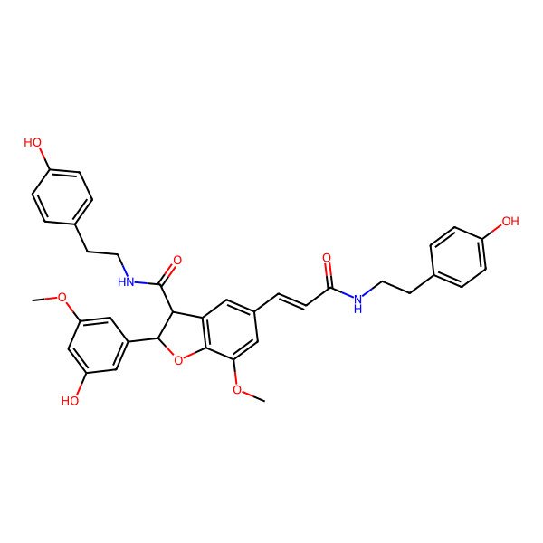 2D Structure of (2R,3S)-2-(3-hydroxy-5-methoxyphenyl)-N-[2-(4-hydroxyphenyl)ethyl]-5-[(E)-3-[2-(4-hydroxyphenyl)ethylamino]-3-oxoprop-1-enyl]-7-methoxy-2,3-dihydro-1-benzofuran-3-carboxamide