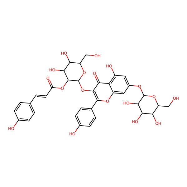 2D Structure of [(2S,3R,4S,5R,6R)-4,5-dihydroxy-2-[5-hydroxy-2-(4-hydroxyphenyl)-4-oxo-7-[(2S,3R,4S,5S,6R)-3,4,5-trihydroxy-6-(hydroxymethyl)oxan-2-yl]oxychromen-3-yl]oxy-6-(hydroxymethyl)oxan-3-yl] (E)-3-(4-hydroxyphenyl)prop-2-enoate