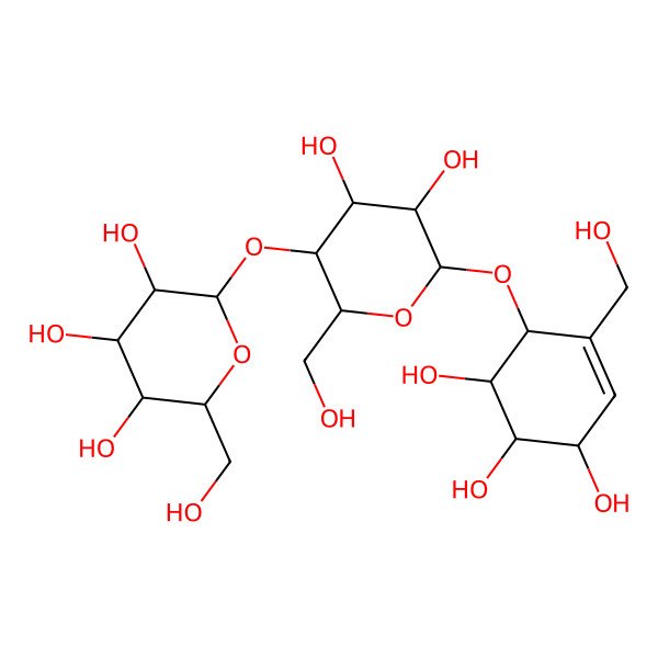 2D Structure of 2-[4,5-Dihydroxy-2-(hydroxymethyl)-6-[4,5,6-trihydroxy-2-(hydroxymethyl)cyclohex-2-en-1-yl]oxyoxan-3-yl]oxy-6-(hydroxymethyl)oxane-3,4,5-triol