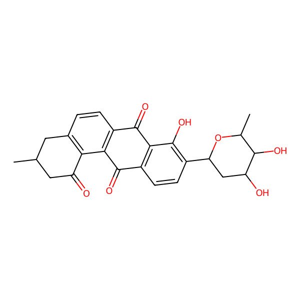 2D Structure of (3S)-9-[(2R,4R,5S,6R)-4,5-dihydroxy-6-methyloxan-2-yl]-8-hydroxy-3-methyl-3,4-dihydro-2H-benzo[a]anthracene-1,7,12-trione