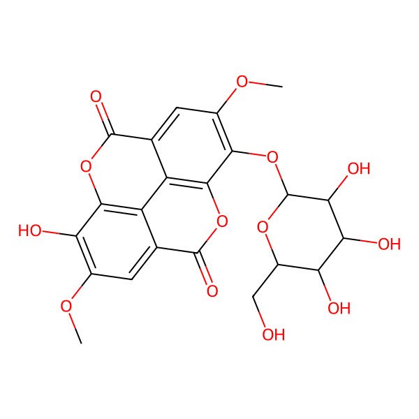2D Structure of 7-hydroxy-6,13-dimethoxy-14-[(2R,3S,5S)-3,4,5-trihydroxy-6-(hydroxymethyl)oxan-2-yl]oxy-2,9-dioxatetracyclo[6.6.2.04,16.011,15]hexadeca-1(15),4,6,8(16),11,13-hexaene-3,10-dione