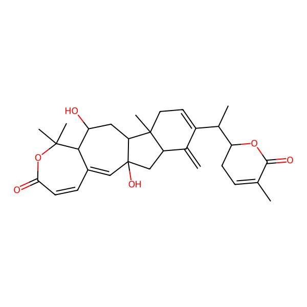 2D Structure of (1R,9S,10R,12S,13R,18R)-1,10-dihydroxy-8,8,13-trimethyl-17-methylidene-16-[(1R)-1-[(2R)-5-methyl-6-oxo-2,3-dihydropyran-2-yl]ethyl]-7-oxatetracyclo[10.7.0.03,9.013,18]nonadeca-2,4,15-trien-6-one