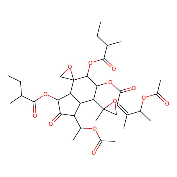 2D Structure of [3-(1-acetyloxyethyl)-1,6-bis(2-methylbutanoyloxy)-4-(2-methyloxiran-2-yl)-2-oxospiro[3,3a,4,5,6,7a-hexahydro-1H-indene-7,2'-oxirane]-5-yl] 4-acetyloxy-3-methylpent-2-enoate