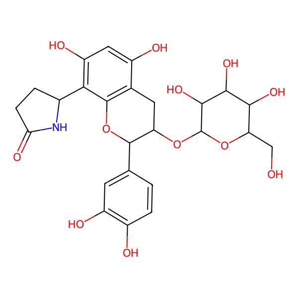 2D Structure of (5R)-5-[(2R,3S)-2-(3,4-dihydroxyphenyl)-5,7-dihydroxy-3-[(2R,3R,4S,5R,6R)-3,4,5-trihydroxy-6-(hydroxymethyl)oxan-2-yl]oxy-3,4-dihydro-2H-chromen-8-yl]pyrrolidin-2-one