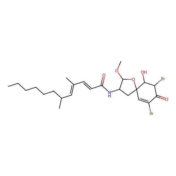 2D Structure of (2E,4E,6R)-N-[(2R,3S,5R,6S,7R)-7,9-dibromo-6-hydroxy-2-methoxy-8-oxo-1-oxaspiro[4.5]dec-9-en-3-yl]-4,6-dimethyldodeca-2,4-dienamide