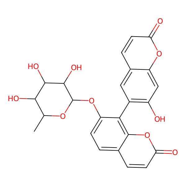 2D Structure of 8-(7-hydroxy-2-oxochromen-6-yl)-7-[(2R,3R,4S,5R,6R)-3,4,5-trihydroxy-6-methyloxan-2-yl]oxychromen-2-one