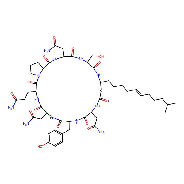 2D Structure of 3-[6,12,22-Tris(2-amino-2-oxoethyl)-19-(hydroxymethyl)-9-[(4-hydroxyphenyl)methyl]-16-(10-methylundec-5-enyl)-2,5,8,11,14,18,21,24-octaoxo-1,4,7,10,13,17,20,23-octazabicyclo[23.3.0]octacosan-3-yl]propanamide