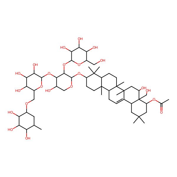 2D Structure of [5-Hydroxy-4a-(hydroxymethyl)-10-[5-hydroxy-3-[3,4,5-trihydroxy-6-(hydroxymethyl)oxan-2-yl]oxy-4-[3,4,5-trihydroxy-6-[(2,3,4-trihydroxy-5-methylcyclohexyl)oxymethyl]oxan-2-yl]oxyoxan-2-yl]oxy-2,2,6a,6b,9,9,12a-heptamethyl-1,3,4,5,6,6a,7,8,8a,10,11,12,13,14b-tetradecahydropicen-4-yl] acetate
