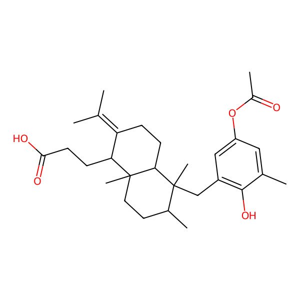 2D Structure of 3-[(1S,4aR,5S,6R,8aR)-5-[(5-acetyloxy-2-hydroxy-3-methylphenyl)methyl]-5,6,8a-trimethyl-2-propan-2-ylidene-3,4,4a,6,7,8-hexahydro-1H-naphthalen-1-yl]propanoic acid