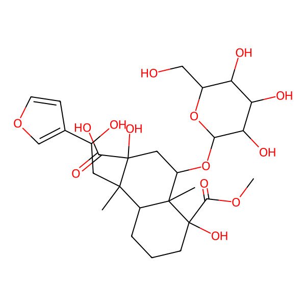 2D Structure of 1-[2-(Furan-3-yl)-2-hydroxyethyl]-2,5-dihydroxy-5-methoxycarbonyl-1,4a-dimethyl-4-[3,4,5-trihydroxy-6-(hydroxymethyl)oxan-2-yl]oxy-3,4,6,7,8,8a-hexahydronaphthalene-2-carboxylic acid