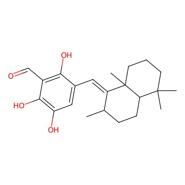 2D Structure of 3-[(E)-(2,5,5,8a-tetramethyl-3,4,4a,6,7,8-hexahydro-2H-naphthalen-1-ylidene)methyl]-2,5,6-trihydroxybenzaldehyde