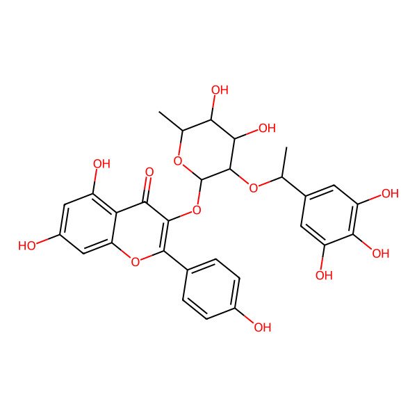 2D Structure of 3-[(2R,3S,4S,5R,6R)-4,5-dihydroxy-6-methyl-3-[1-(3,4,5-trihydroxyphenyl)ethoxy]tetrahydropyran-2-yl]oxy-5,7-dihydroxy-2-(4-hydroxyphenyl)chromen-4-one