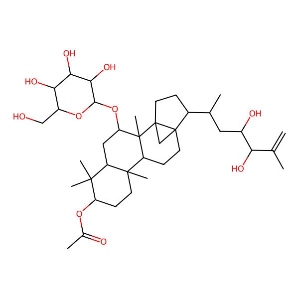 2D Structure of [(1S,2R,3R,5R,7R,10S,11R,14R,15S)-15-[(2S,4R,5R)-4,5-dihydroxy-6-methylhept-6-en-2-yl]-2,6,6,10-tetramethyl-3-[(2R,3R,4S,5S,6R)-3,4,5-trihydroxy-6-(hydroxymethyl)oxan-2-yl]oxy-7-pentacyclo[12.3.1.01,14.02,11.05,10]octadecanyl] acetate