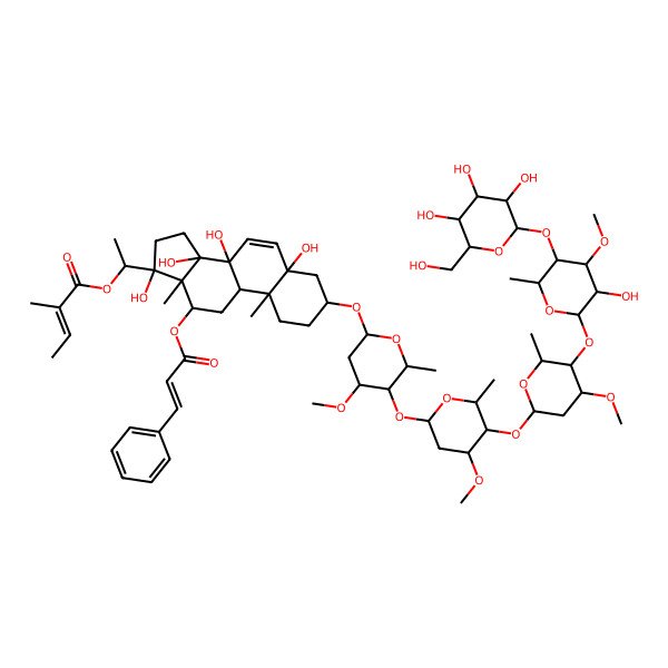 2D Structure of 1-[(3S,5S,8S,9R,10R,12R,13R,14R,17S)-5,8,14,17-tetrahydroxy-3-[(2R,4S,5R,6R)-5-[(2S,4S,5R,6R)-5-[(2S,4R,5R,6R)-5-[(2S,3R,4S,5R,6R)-3-hydroxy-4-methoxy-6-methyl-5-[(2S,3R,4S,5S,6R)-3,4,5-trihydroxy-6-(hydroxymethyl)oxan-2-yl]oxyoxan-2-yl]oxy-4-methoxy-6-methyloxan-2-yl]oxy-4-methoxy-6-methyloxan-2-yl]oxy-4-methoxy-6-methyloxan-2-yl]oxy-10,13-dimethyl-12-[(E)-3-phenylprop-2-enoyl]oxy-2,3,4,9,11,12,15,16-octahydro-1H-cyclopenta[a]phenanthren-17-yl]ethyl (E)-2-methylbut-2-enoate