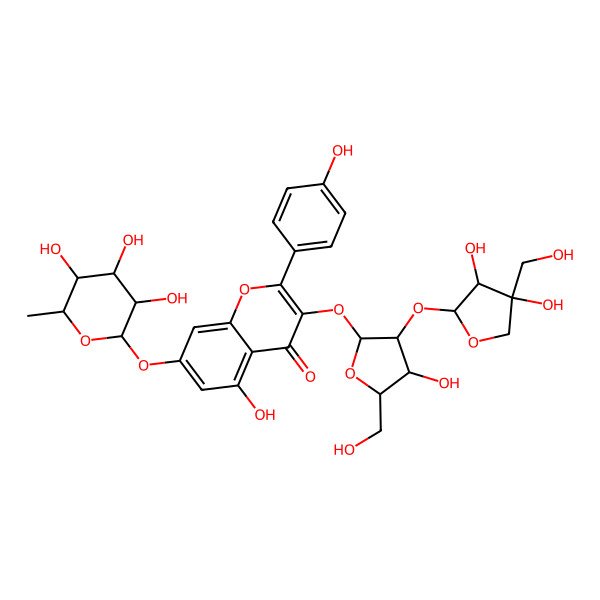2D Structure of 3-[(2S,3R,4S,5S)-3-[(2S,3R,4R)-3,4-dihydroxy-4-(hydroxymethyl)oxolan-2-yl]oxy-4-hydroxy-5-(hydroxymethyl)oxolan-2-yl]oxy-5-hydroxy-2-(4-hydroxyphenyl)-7-[(2S,3R,4R,5R,6S)-3,4,5-trihydroxy-6-methyloxan-2-yl]oxychromen-4-one
