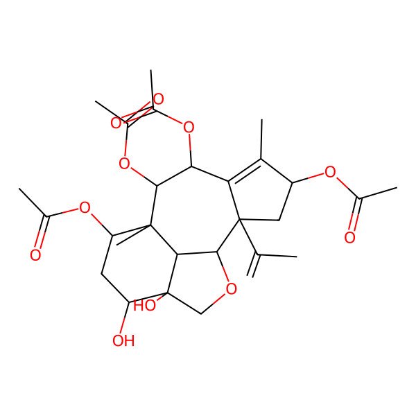 2D Structure of (4,7,8-Triacetyloxy-12,13-dihydroxy-5,9-dimethyl-2-prop-1-en-2-yl-15-oxatetracyclo[7.6.1.02,6.013,16]hexadec-5-en-10-yl) acetate