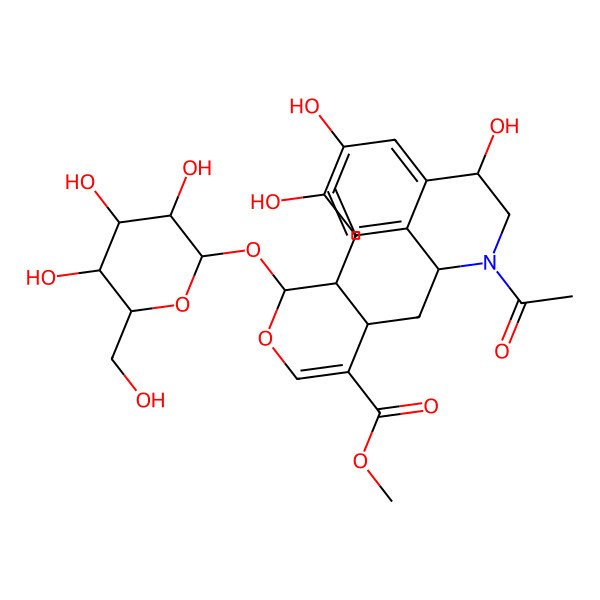 2D Structure of methyl 4-[(2-acetyl-4,6,7-trihydroxy-3,4-dihydro-1H-isoquinolin-1-yl)methyl]-3-ethenyl-2-[3,4,5-trihydroxy-6-(hydroxymethyl)oxan-2-yl]oxy-3,4-dihydro-2H-pyran-5-carboxylate